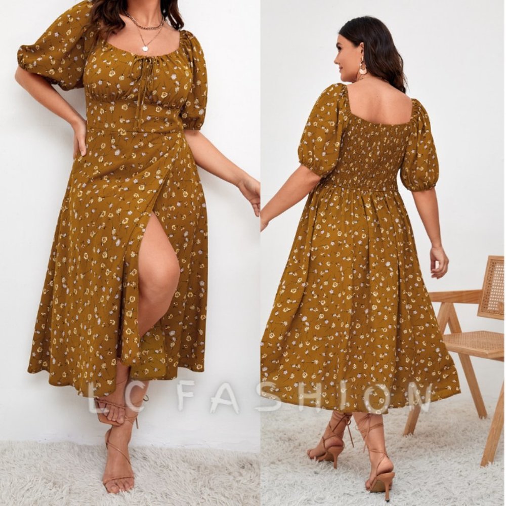 Plus Boho Milkmaid Dress,Ditsy Floral Tie Front Shirred Split Hem Milkmaid Dress